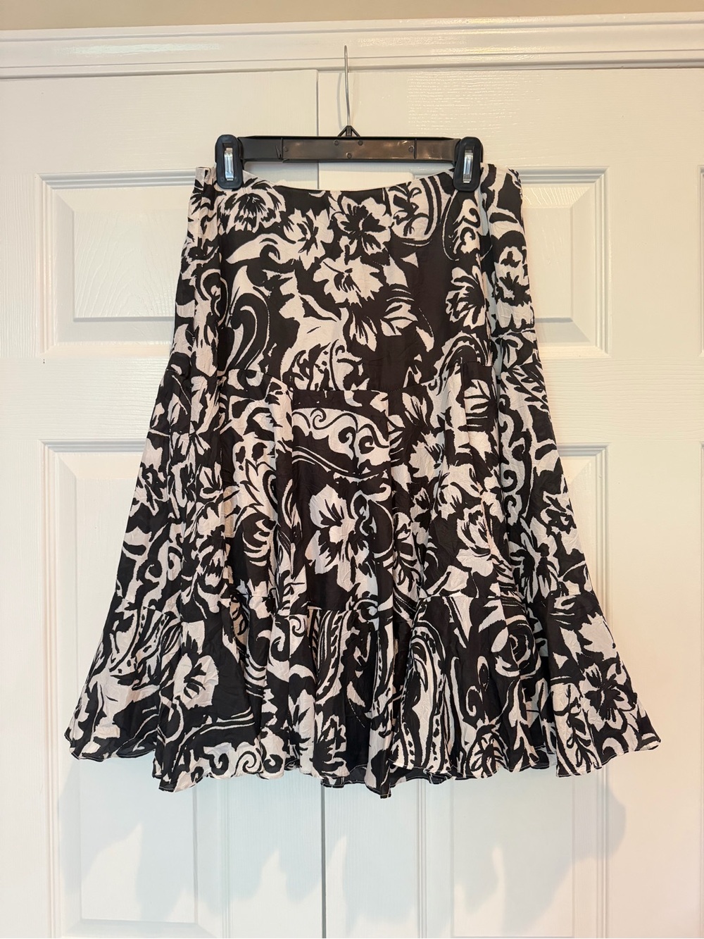 Lauren Ralph Lauren 100% Silk Floral Paisley Tiered Midi Skirt Black White 6